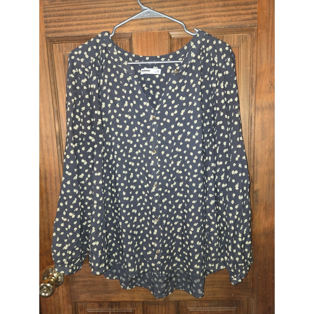 Sonoma Goods For Life Navy Floral Button Front Rayon Blouse XXL Womens Top